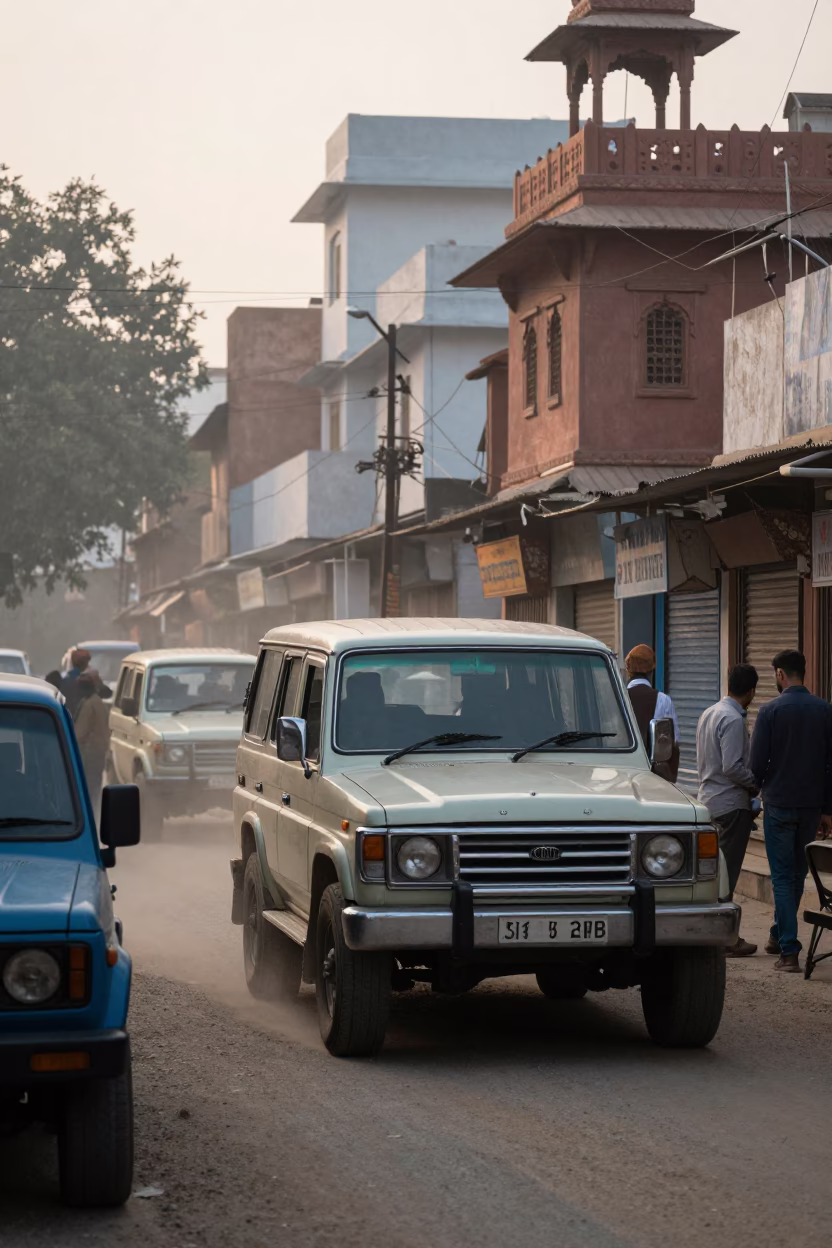 Early Morning Jaipur Street Scene with Vintage SUV and Local Commerce in in Jaipur, India