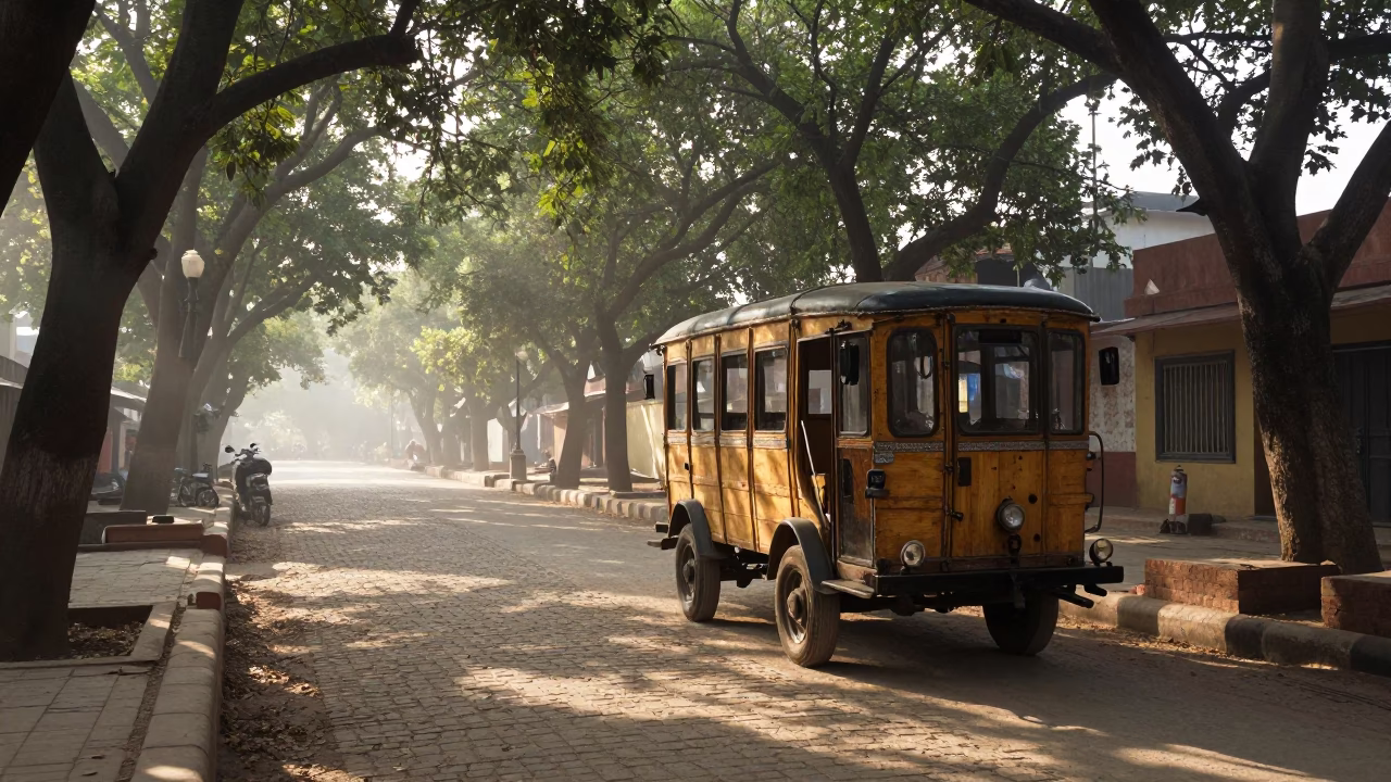 Early Morning Jaipur Street Scene with Vintage Trolley and Local Commerce in in Jaipur, India