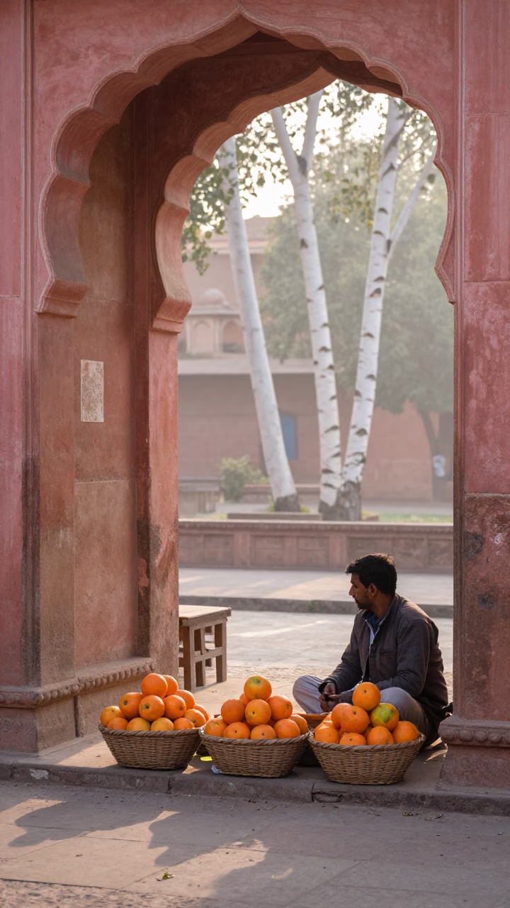 Early Morning Jaipur Street Scene with White Birches and Nectarines in Pink City in in Jaipur, India