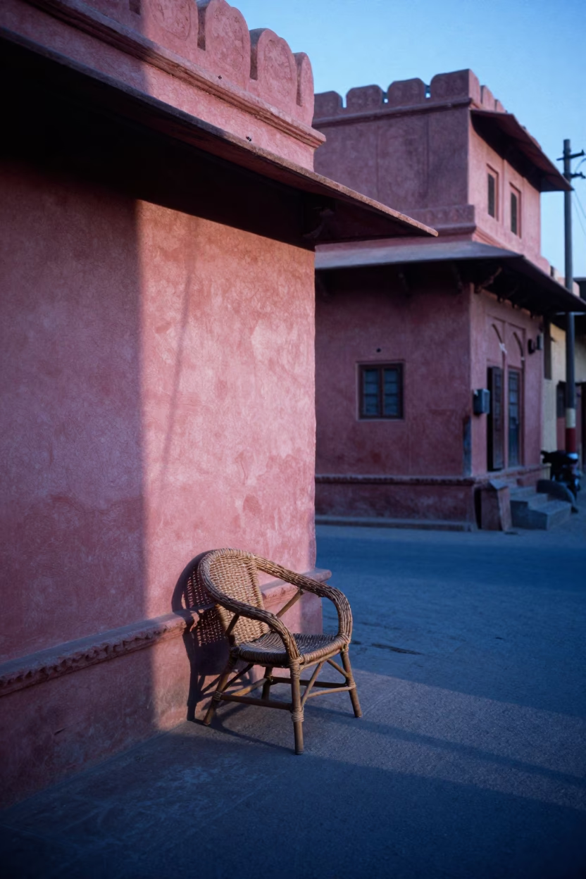 Early Morning Jaipur Street Scene with Wicker Shadow on Plaster Wall in in Jaipur, India