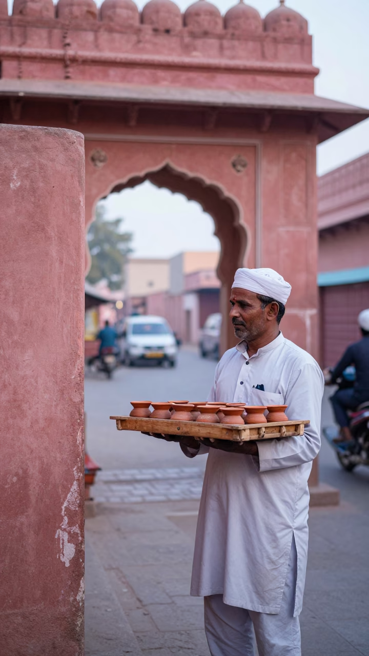 Early Morning Jaipur Street Scene with Wooden Tray and Geraniums in in Jaipur, India