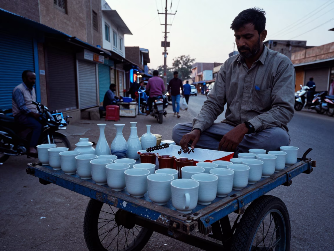 Early Morning Jaipur Street Vendor Selling Porcelain and Ceramic Goods in in Jaipur, India