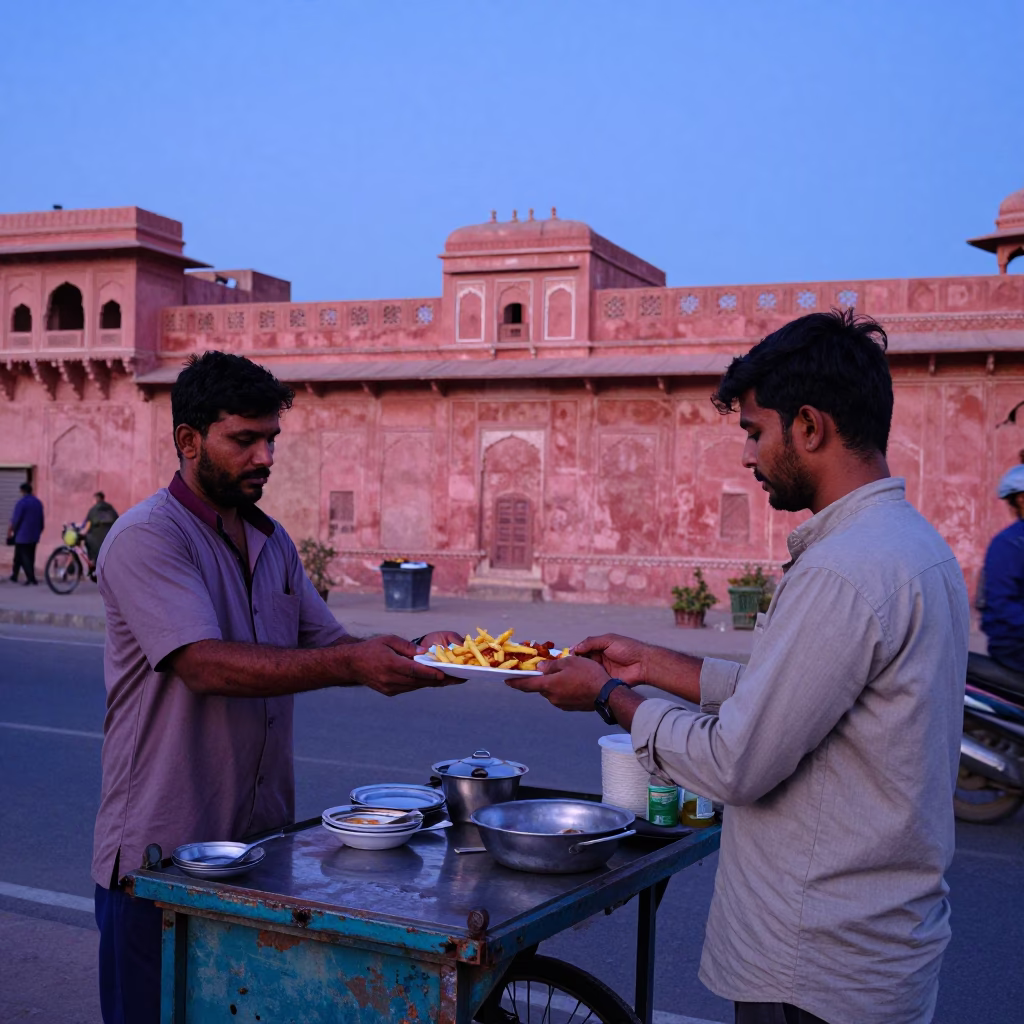 Early Morning Jaipur Street Vendor Serving Hot Currywurst Fries Before Sunrise in in Jaipur, India