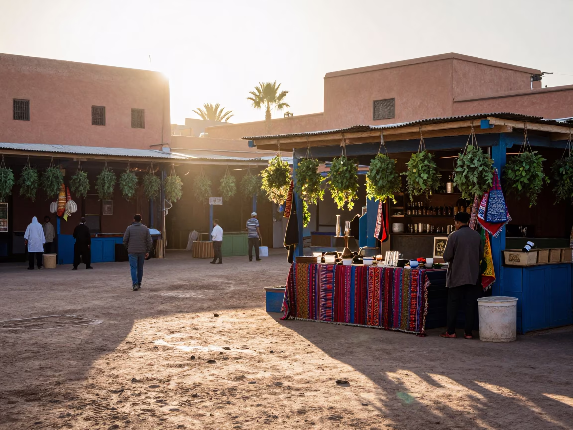 Early Morning Jemaa el-Fnaa Square with Hanging Plants and Traditional Tea Service in in Marrakech, Morocco