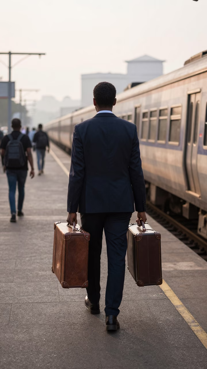 Early Morning Johannesburg Commuter with Suitcases at Busy Train Station Platform in in Johannesburg, South Africa
