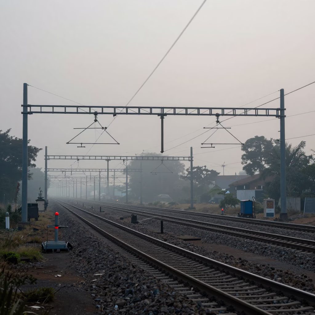 Early Morning Johannesburg Industrial Rail Catenary System Receding Through Fog in in Johannesburg, South Africa