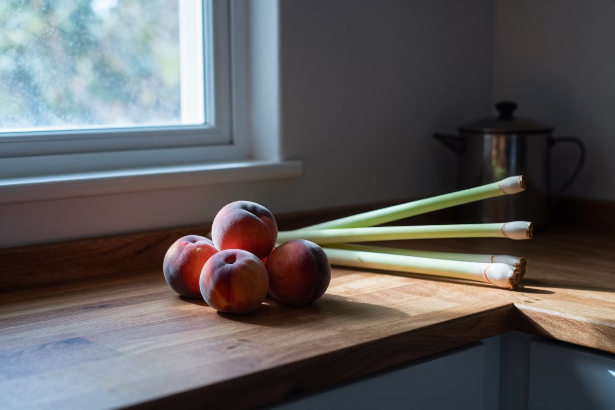 Early Morning Johannesburg Kitchen Counter with Peaches and Lemongrass in in Johannesburg, South Africa