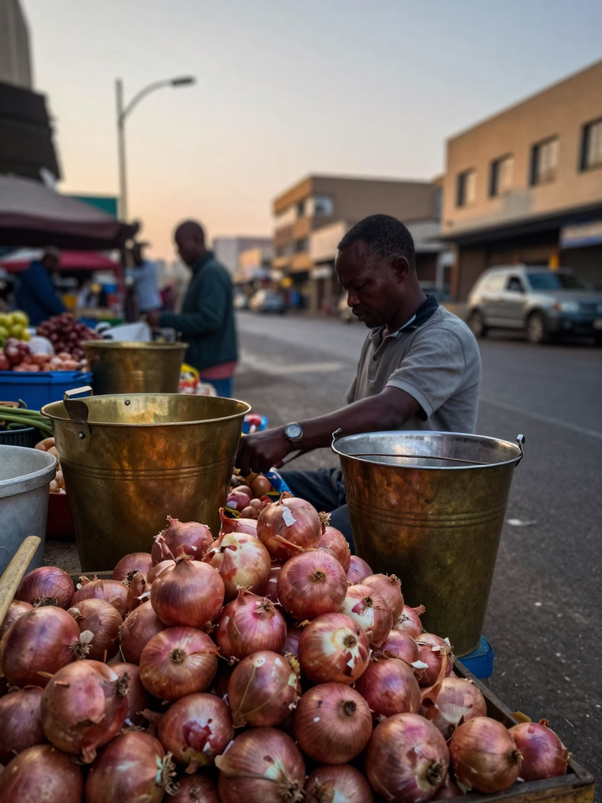 Early Morning Johannesburg Market Scene with Brass Bucket and Onions in in Johannesburg, South Africa