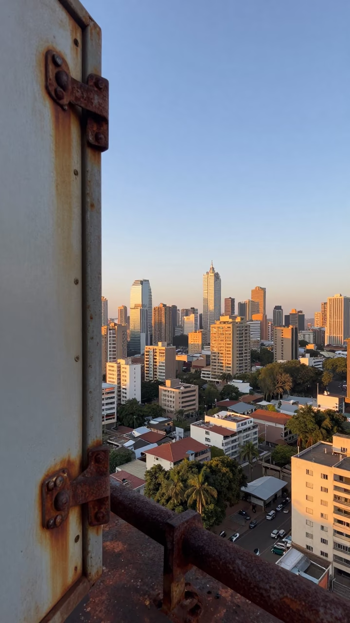Early Morning Johannesburg Skyline with Rusting Metal Latch and Urban Decay Details in in Johannesburg, South Africa