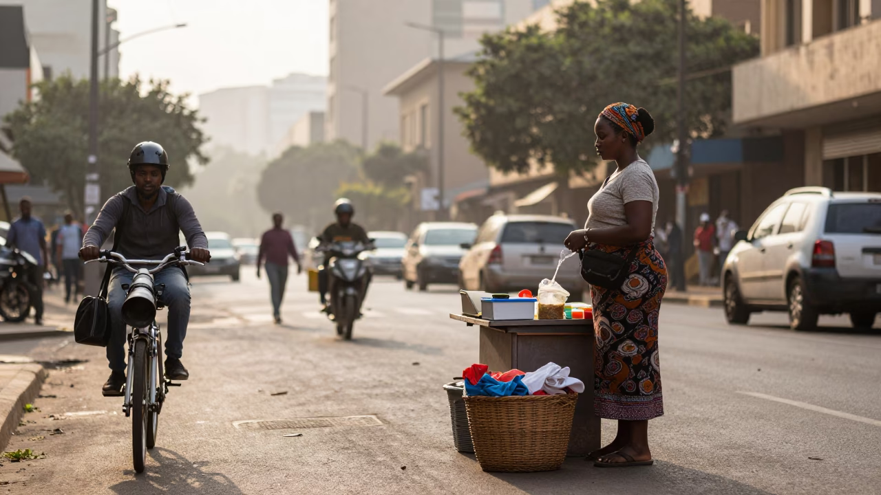 Early Morning Johannesburg Street Scene with Basket and Rolling Pin in in Johannesburg, South Africa