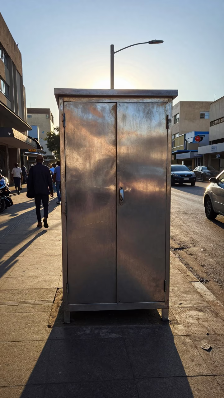 Early Morning Johannesburg Street Scene with Brushed Steel Cabinet and Mechanical Pencil in in Johannesburg, South Africa