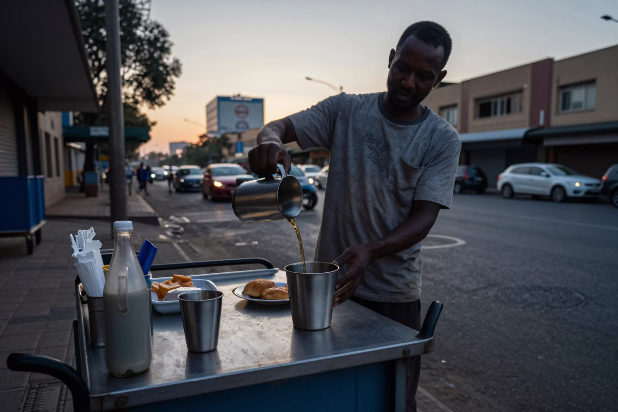 Early Morning Johannesburg Street Scene with Brushed Steel Cup and Urban Infrastructure in in Johannesburg, South Africa