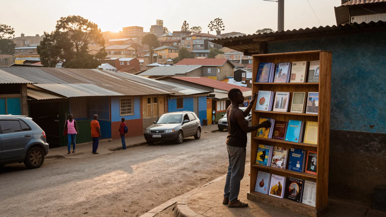 Early Morning Johannesburg Street Scene with Classroom Bookshelf and Carafe in in Johannesburg, South Africa