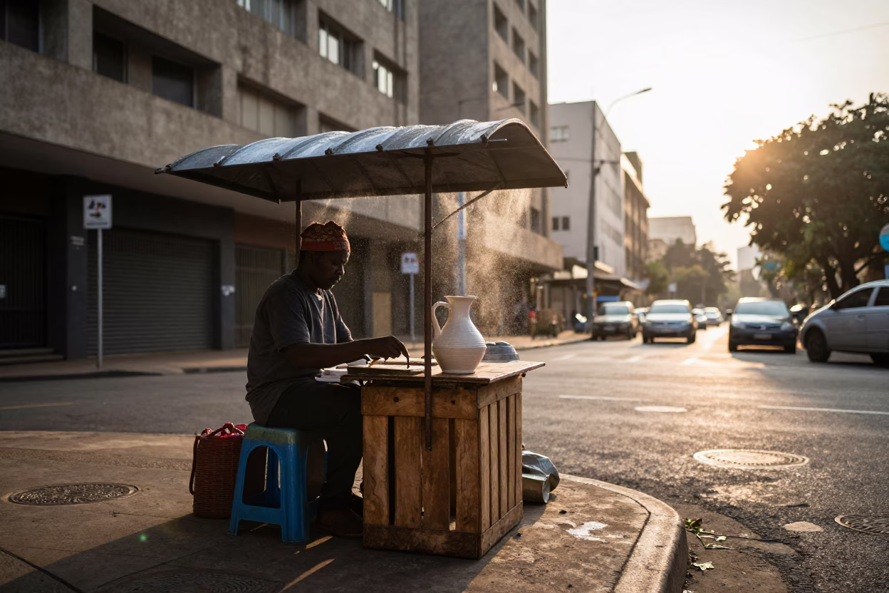 Early Morning Johannesburg Street Scene with Condensation on Metal and Ceramic Pitcher in in Johannesburg, South Africa