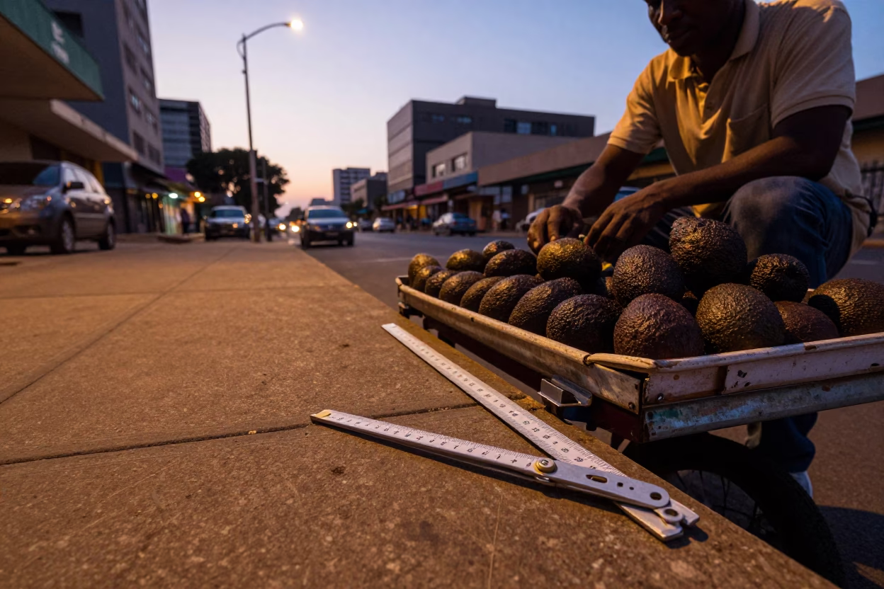 Early Morning Johannesburg Street Scene with Folding Ruler and Avocados in in Johannesburg, South Africa