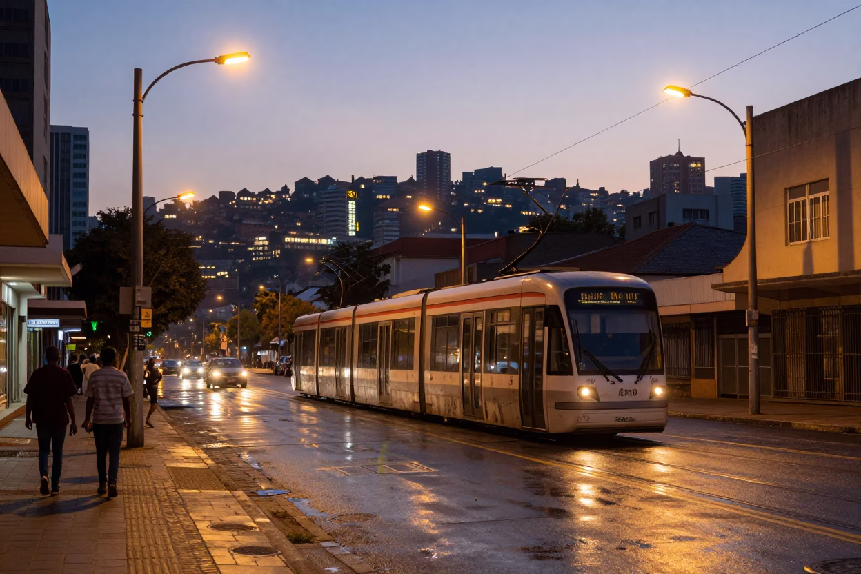 Early Morning Johannesburg Street Scene with Funicular and Terraced Gardens Before Sunrise in in Johannesburg, South Africa