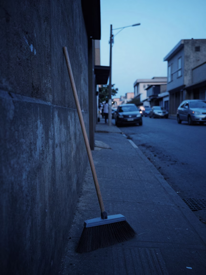 Early Morning Johannesburg Street Scene with Hand Broom and Concrete Pavement Before Dawn in in Johannesburg, South Africa