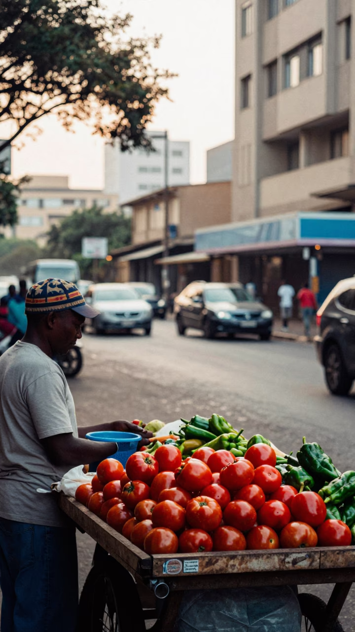 Early Morning Johannesburg Street Scene with Local Vendor and First Light in in Johannesburg, South Africa