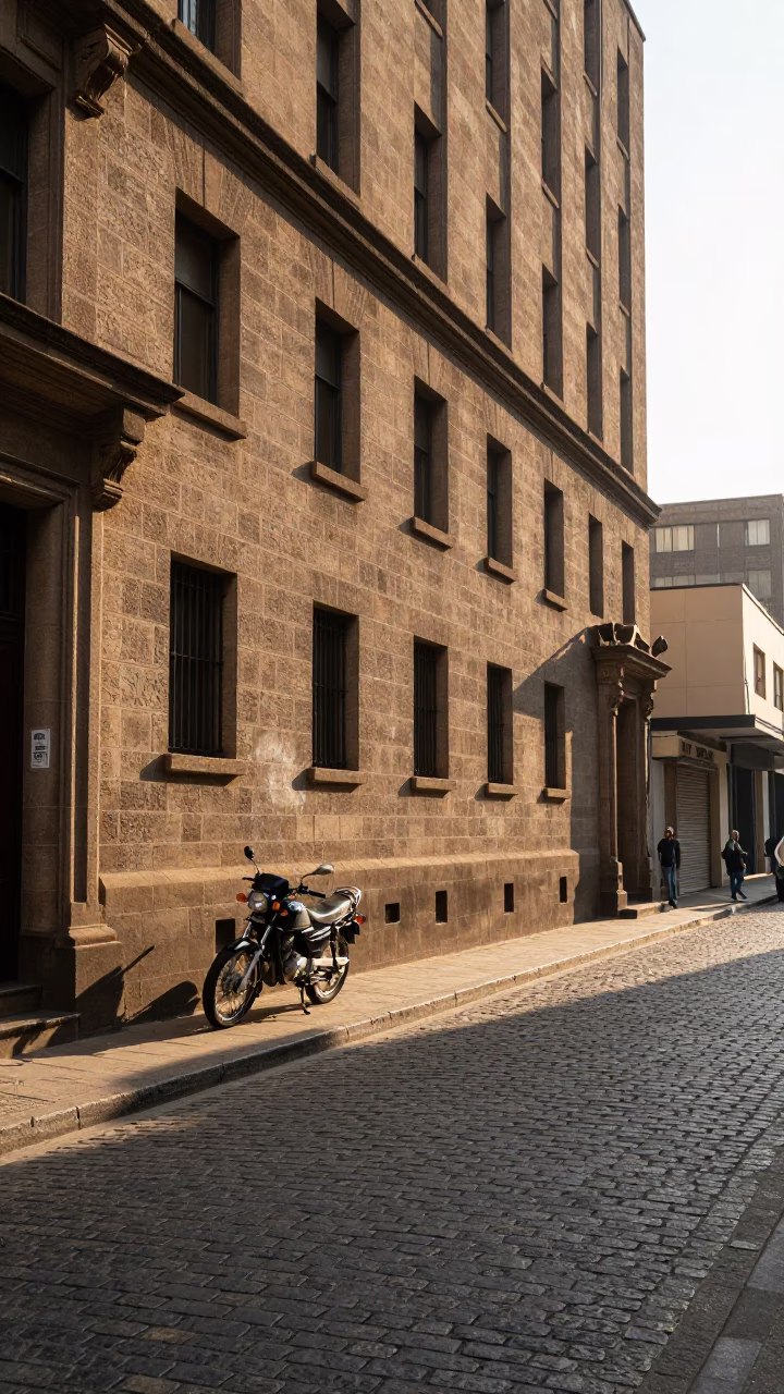 Early Morning Johannesburg Street Scene with Motorcycle and Stone Architecture in in Johannesburg, South Africa