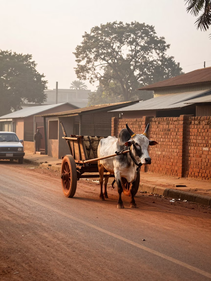 Early Morning Johannesburg Street Scene with Ox Cart and Dusty Road in in Johannesburg, South Africa