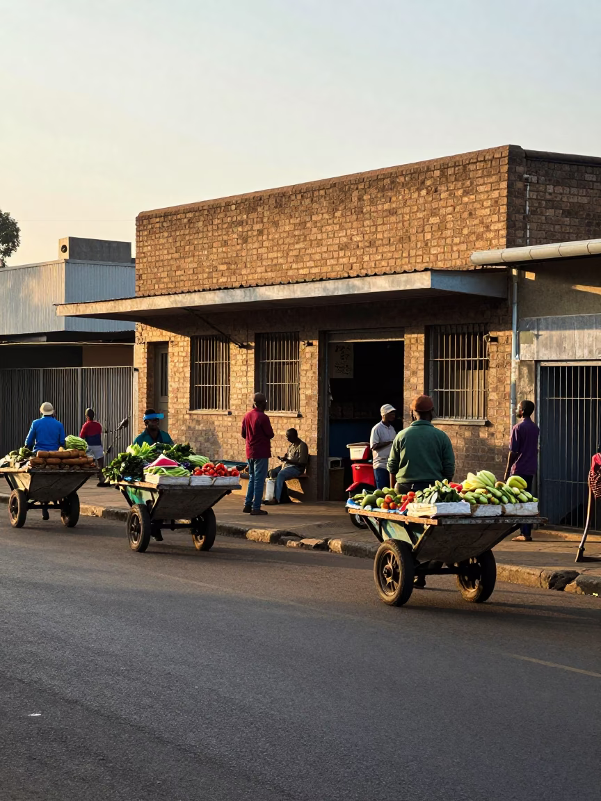 Early Morning Johannesburg Street Scene with Rolling Carts and Urban Details in in Johannesburg, South Africa