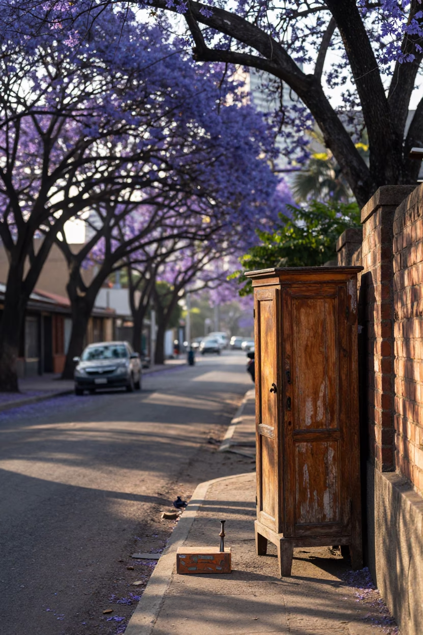 Early Morning Johannesburg Street Scene with Shoebox and Awl on Wooden Surface in in Johannesburg, South Africa