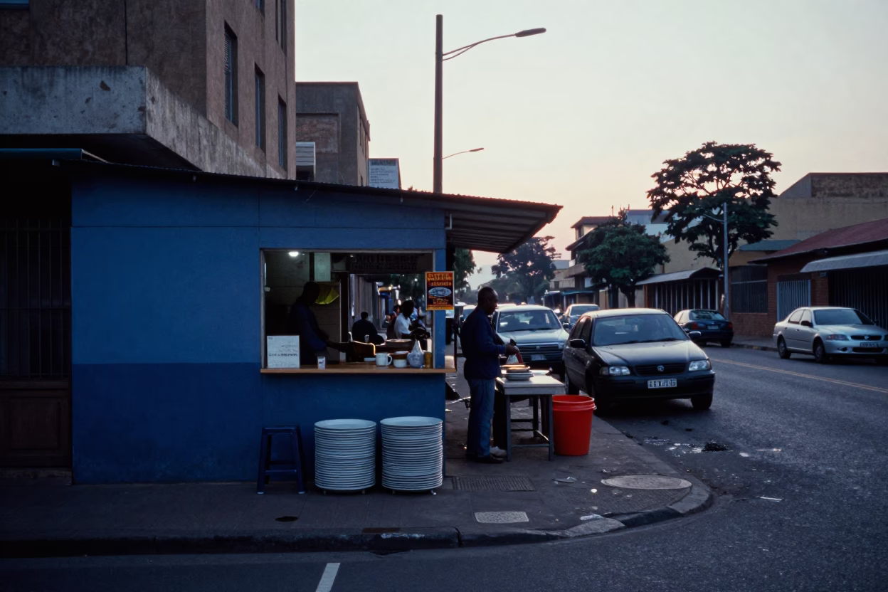 Early Morning Johannesburg Street Scene with Stacked Plates and Urban Architecture Before Sunrise in in Johannesburg, South Africa