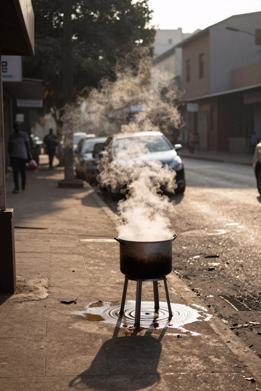 Early Morning Johannesburg Street Scene with Steam and Water Rings on Stool in in Johannesburg, South Africa