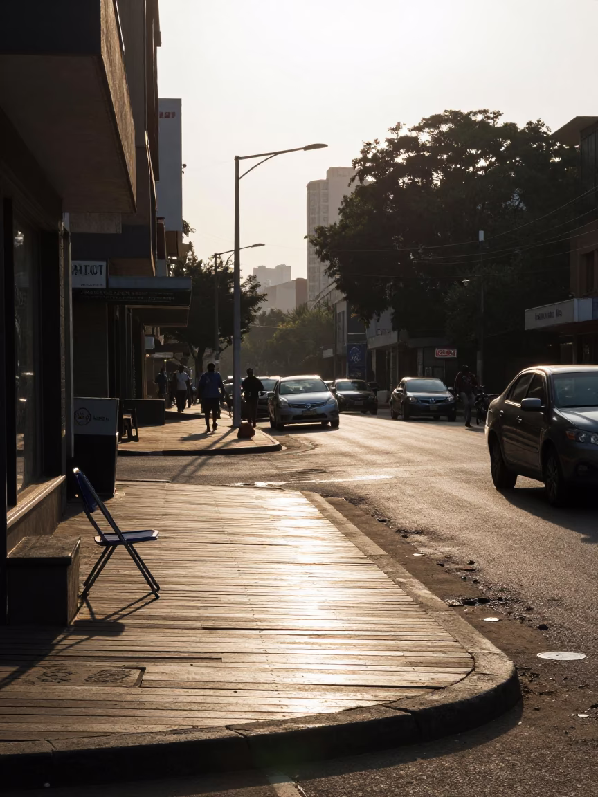 Early Morning Johannesburg Street Scene with Sunlight on Wooden Bench and Folding Chair in in Johannesburg, South Africa