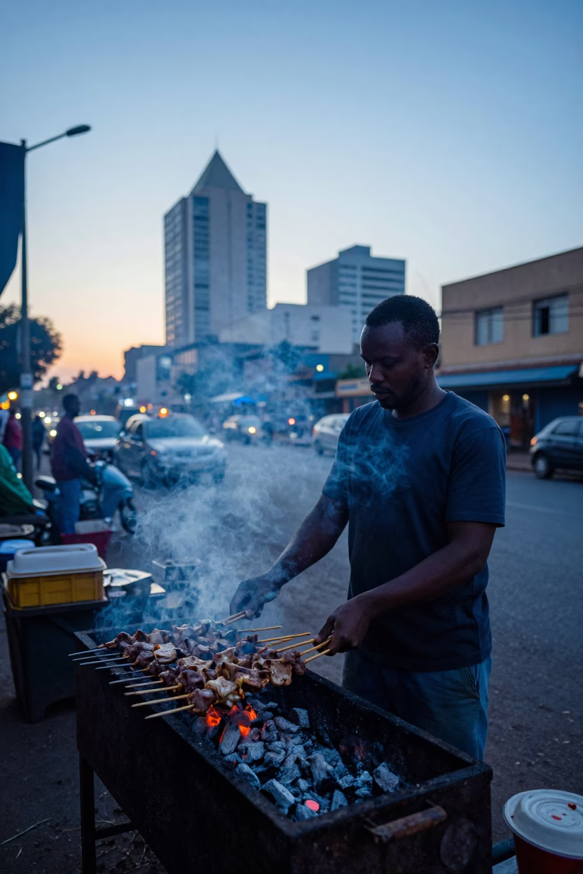 Early Morning Johannesburg Street Vendor Grilling Kebab Over Coals Before Sunrise in in Johannesburg, South Africa