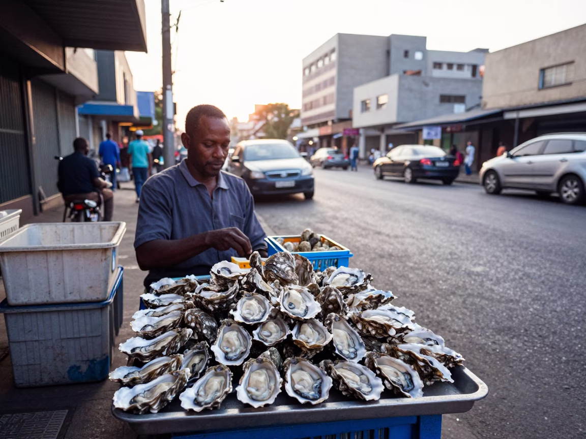 Early Morning Johannesburg Street Vendor Selling Fresh Oysters on Crushed Ice in in Johannesburg, South Africa