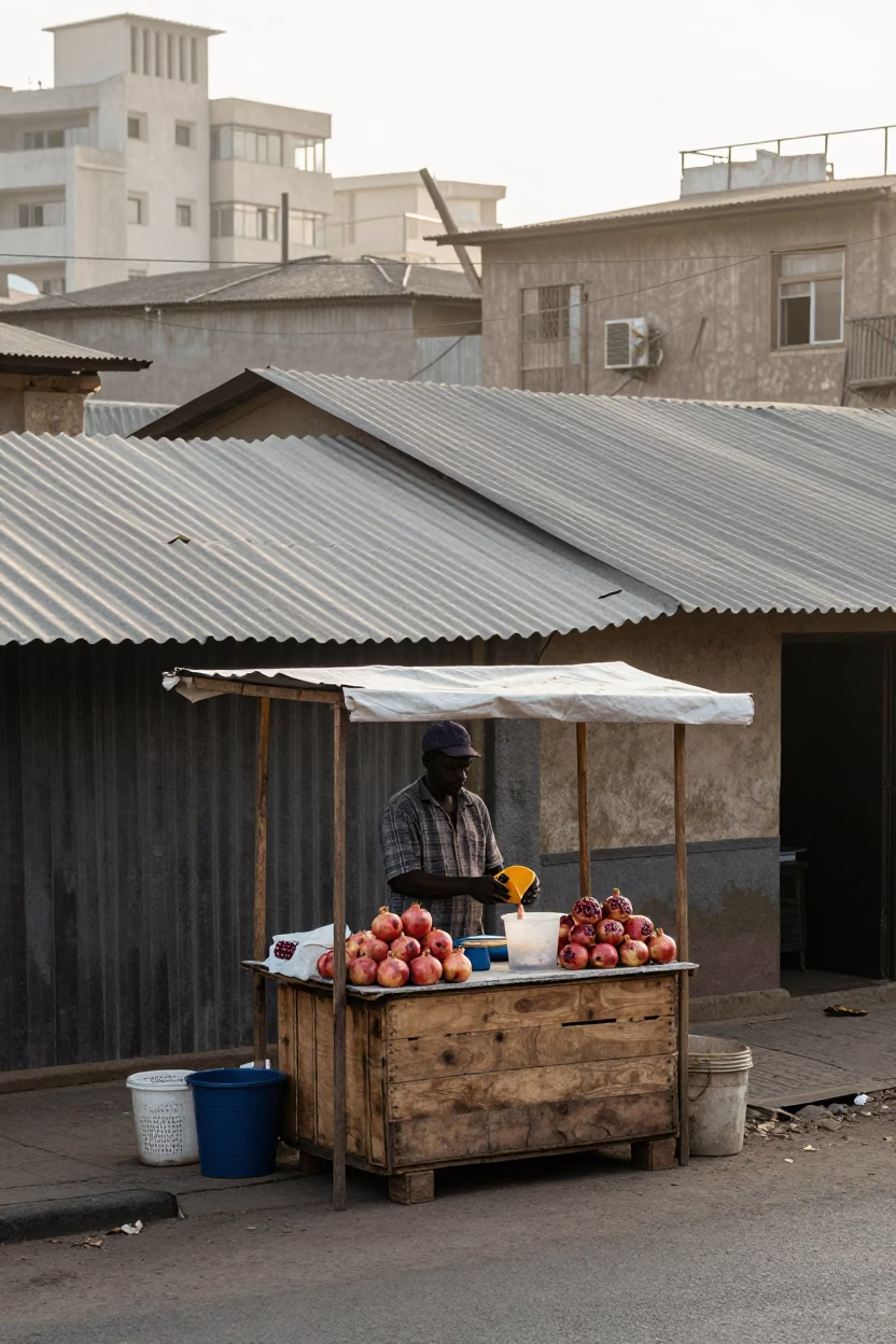 Early Morning Johannesburg Street Vendor Selling Pomegranates and Cleaning Mops in in Johannesburg, South Africa