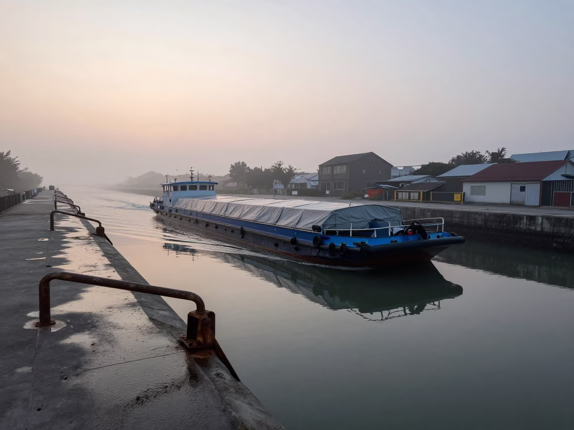 Early Morning Kaohsiung Canal Barge Cargo Near Rusty Latch and Brushed Steel Shelf in in Kaohsiung, Taiwan