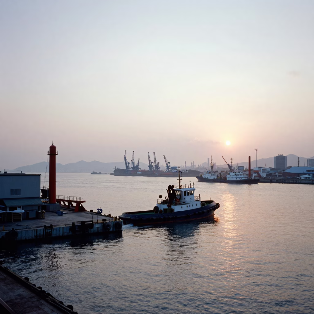 Early Morning Kaohsiung Harbor Landscape with Tugboat and Industrial Waterfront in in Kaohsiung, Taiwan