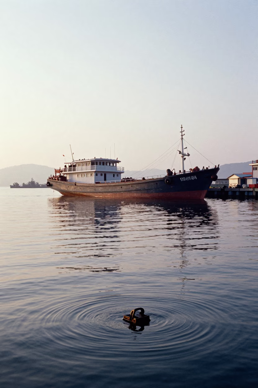 Early Morning Kaohsiung Harbor Scene with Chinese Junk and Water Rings in in Kaohsiung, Taiwan