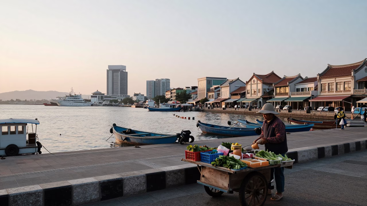 Early Morning Kaohsiung Harbor Scene with Traditional Architecture and Local Street Life in in Kaohsiung, Taiwan