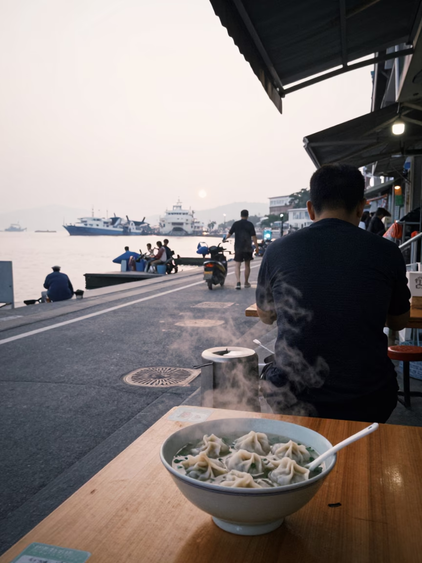 Early Morning Kaohsiung Harbor Street Scene with Wonton Soup and Bicycle in in Kaohsiung, Taiwan