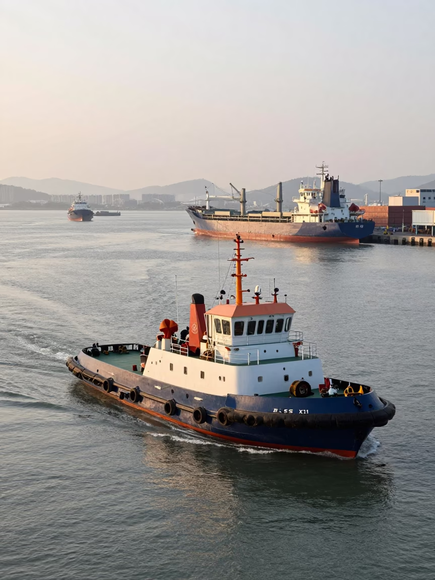 Early Morning Kaohsiung Harbor Tugboat Navigating Busy Waterway in Taiwan in in Kaohsiung, Taiwan