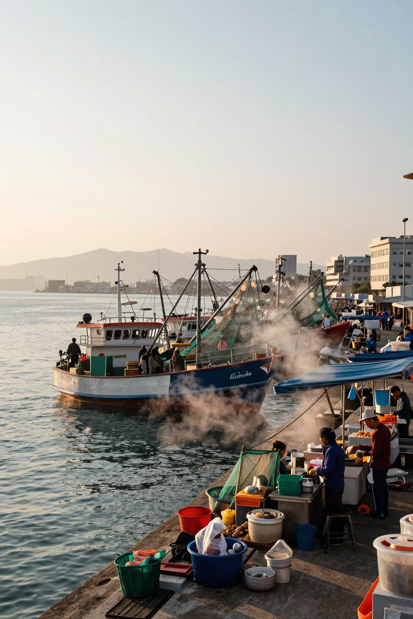 Early Morning Kaohsiung Port Shrimp Trawler Nets and Busy Dockside Activity in in Kaohsiung, Taiwan