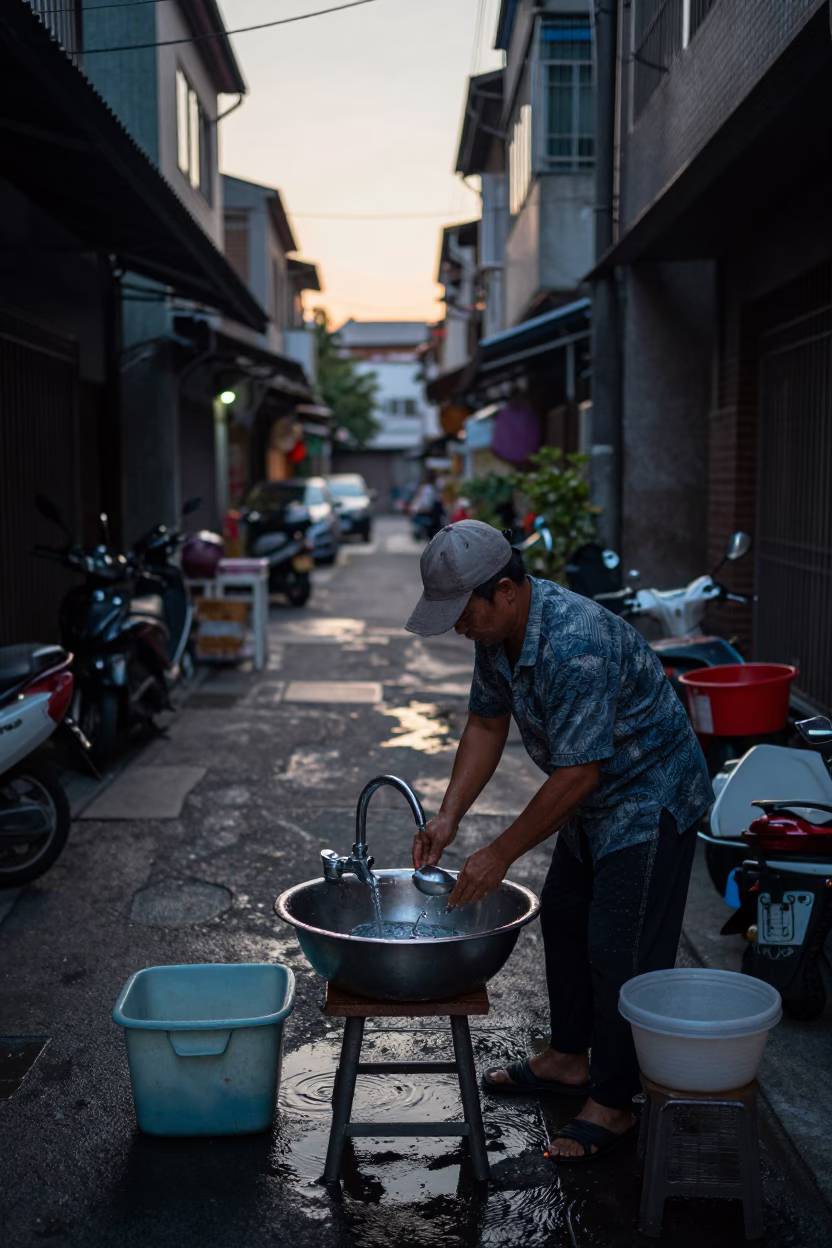 Early Morning Kaohsiung Street Life with Wash Basin and Tea Stains in in Kaohsiung, Taiwan