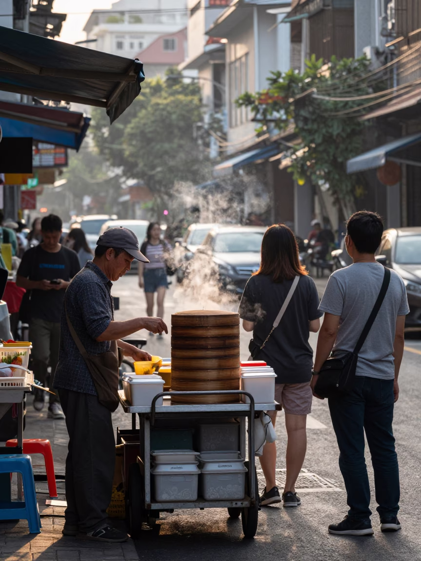 Early Morning Kaohsiung Street Scene with Bamboo Steamer and Local Vendor Activity in in Kaohsiung, Taiwan