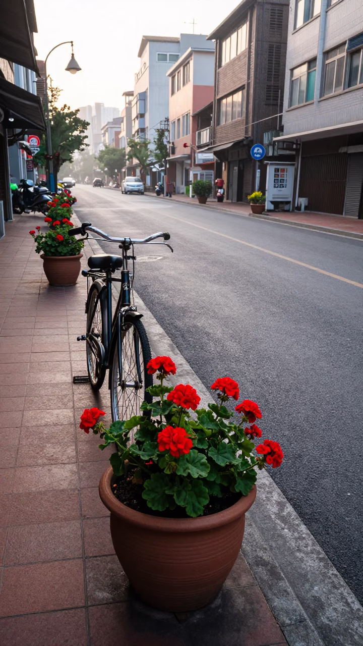 Early Morning Kaohsiung Street Scene with Bicycle and Geraniums in in Kaohsiung, Taiwan