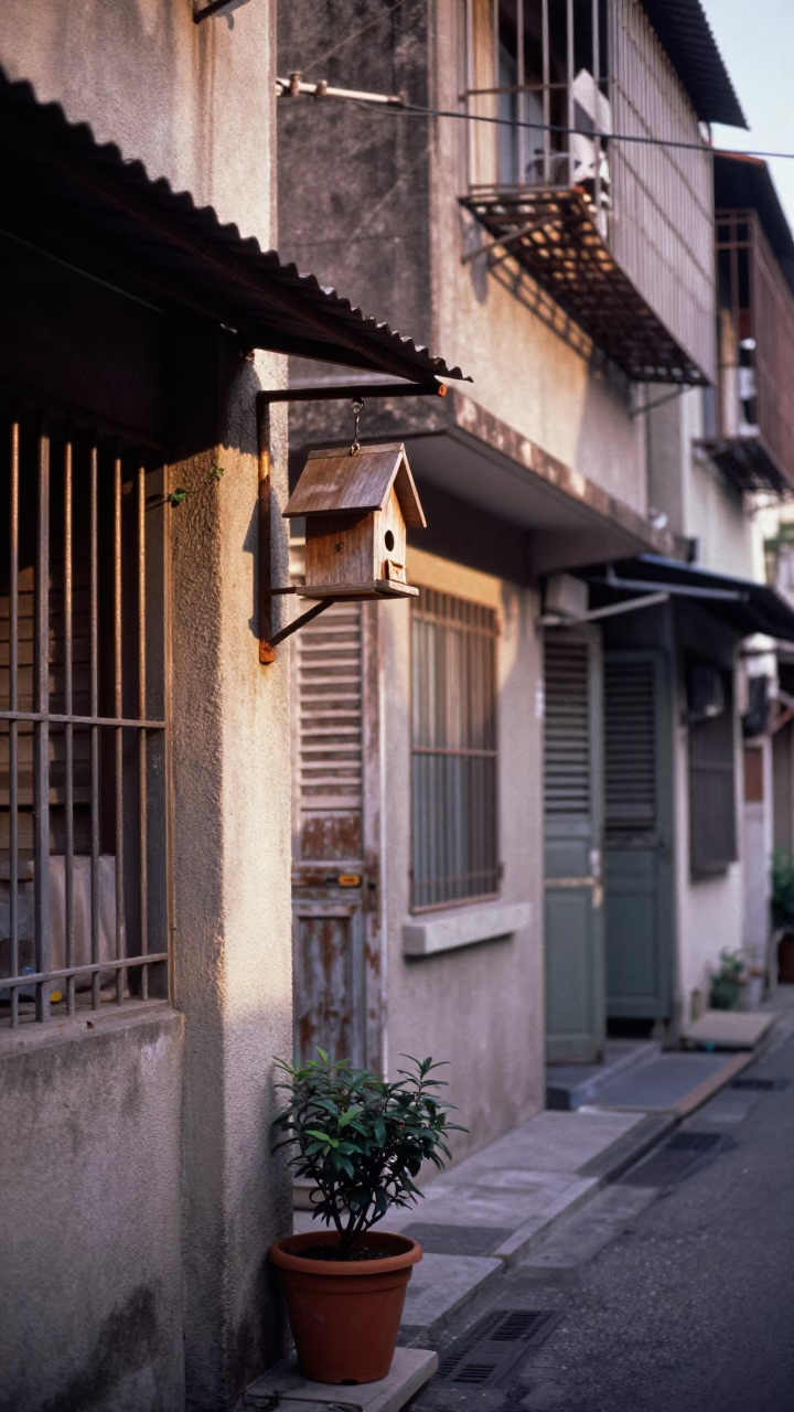 Early Morning Kaohsiung Street Scene with Birdhouse and Potted Plants in in Kaohsiung, Taiwan