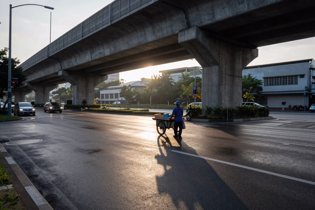 Early Morning Kaohsiung Street Scene with Flyover Shadows and Local Market Activity in in Kaohsiung, Taiwan