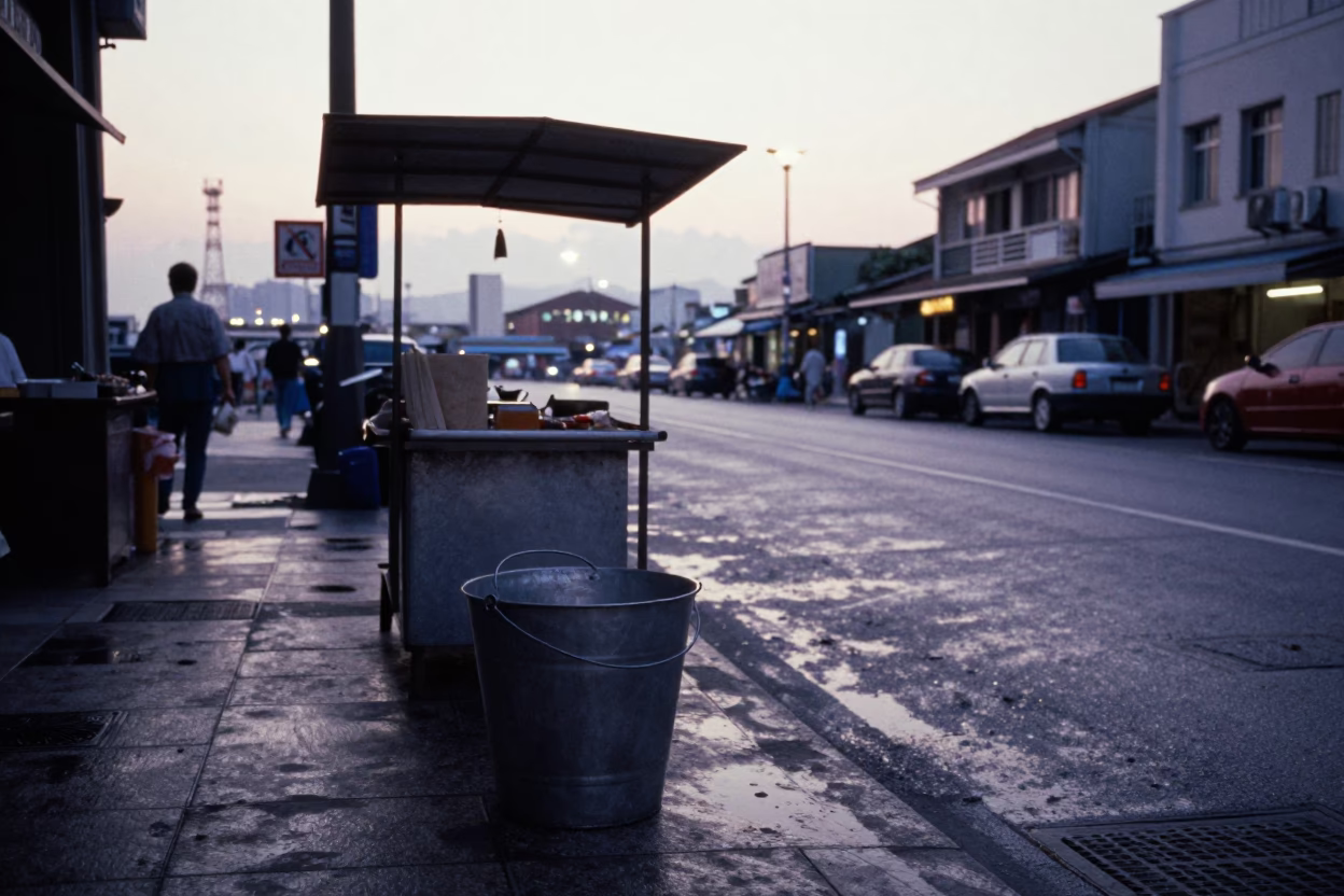 Early Morning Kaohsiung Street Scene with Metal Bucket and Bridge Maintenance Cradle in in Kaohsiung, Taiwan