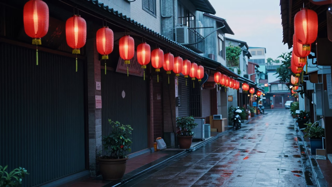 Early Morning Kaohsiung Street Scene with Paper Lanterns and Local Breakfast Vendor in in Kaohsiung, Taiwan