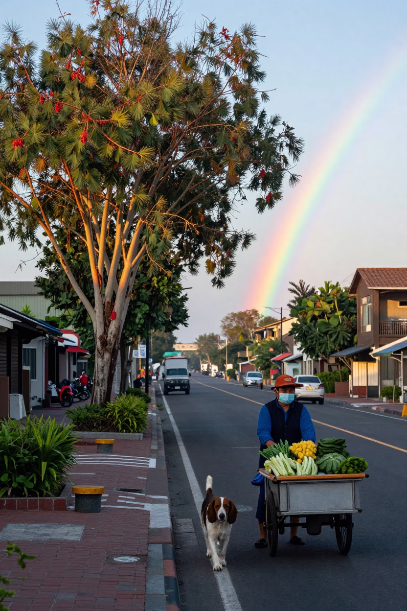 Early Morning Kaohsiung Street Scene with Rainbow Eucalyptus and Local Market Life in in Kaohsiung, Taiwan