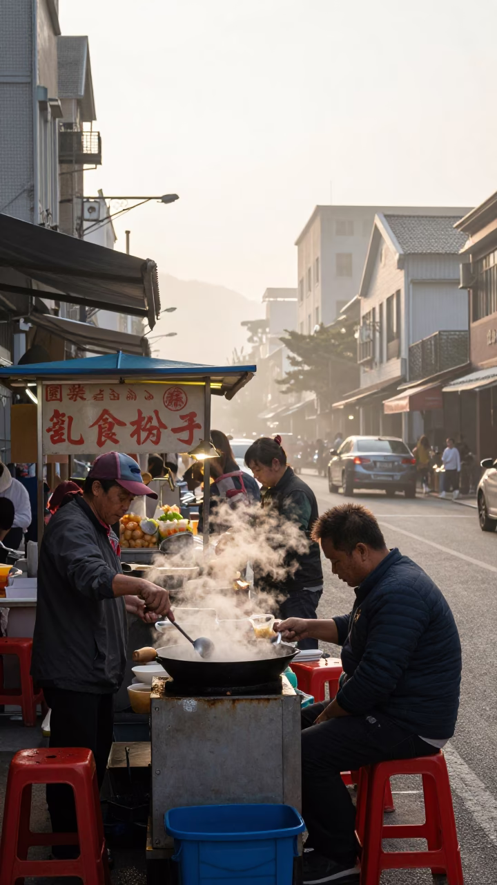 Early Morning Kaohsiung Street Scene with Traditional Food Stall and Urban Background in in Kaohsiung, Taiwan
