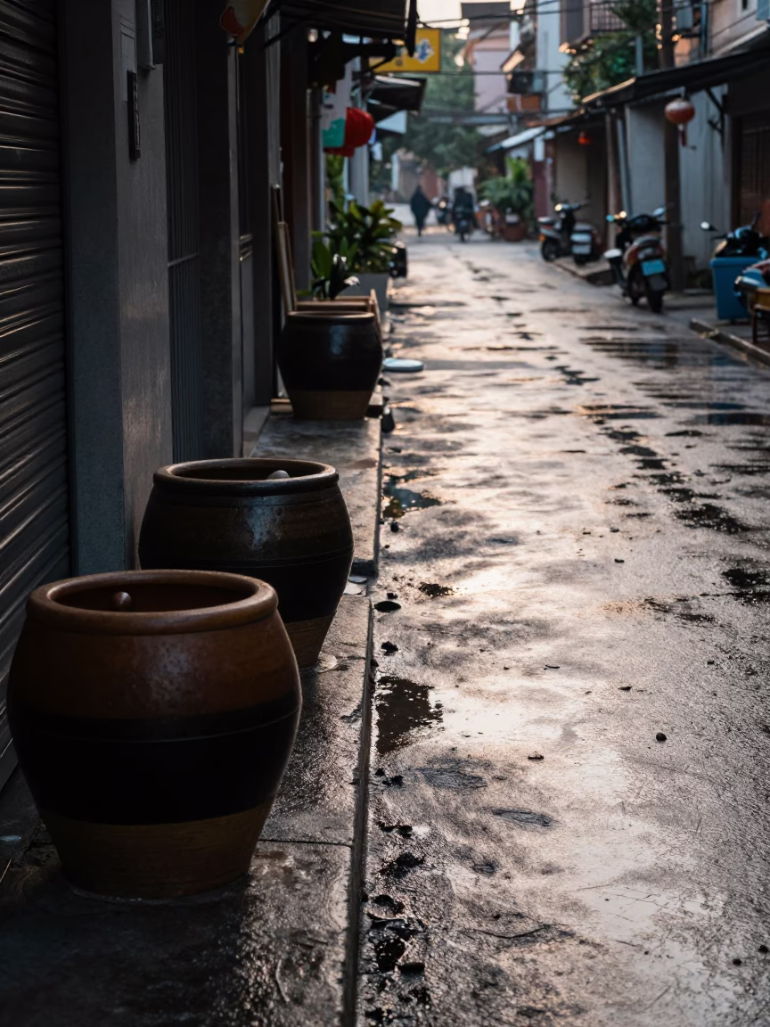 Early Morning Kaohsiung Street Scene with Traditional Utensil Crocks and Local Market Activity in in Kaohsiung, Taiwan