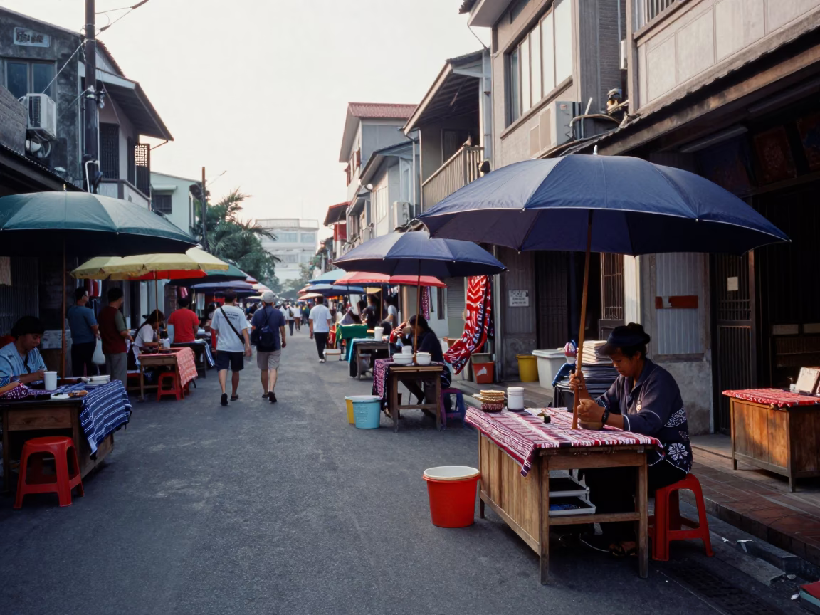 Early Morning Kaohsiung Street Scene with Umbrellas and Batik Artisan in in Kaohsiung, Taiwan